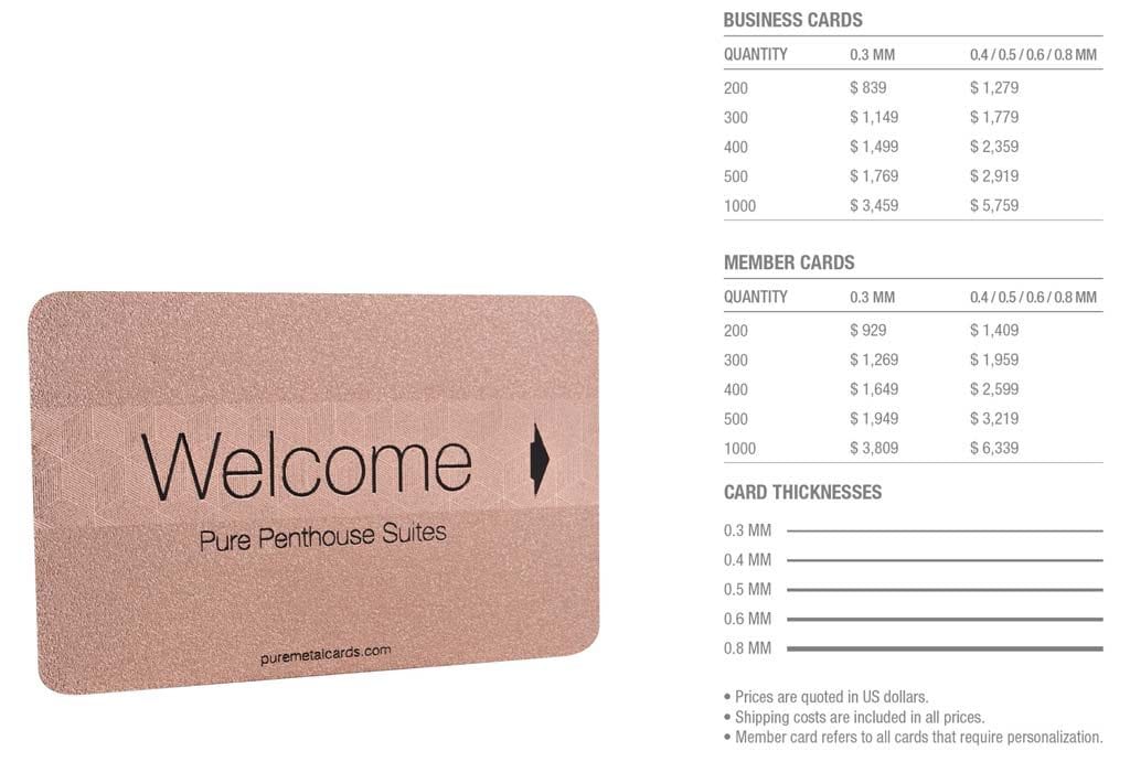Copper frosted business and member cards price list. Welcome to Pure Penthouse Suites.