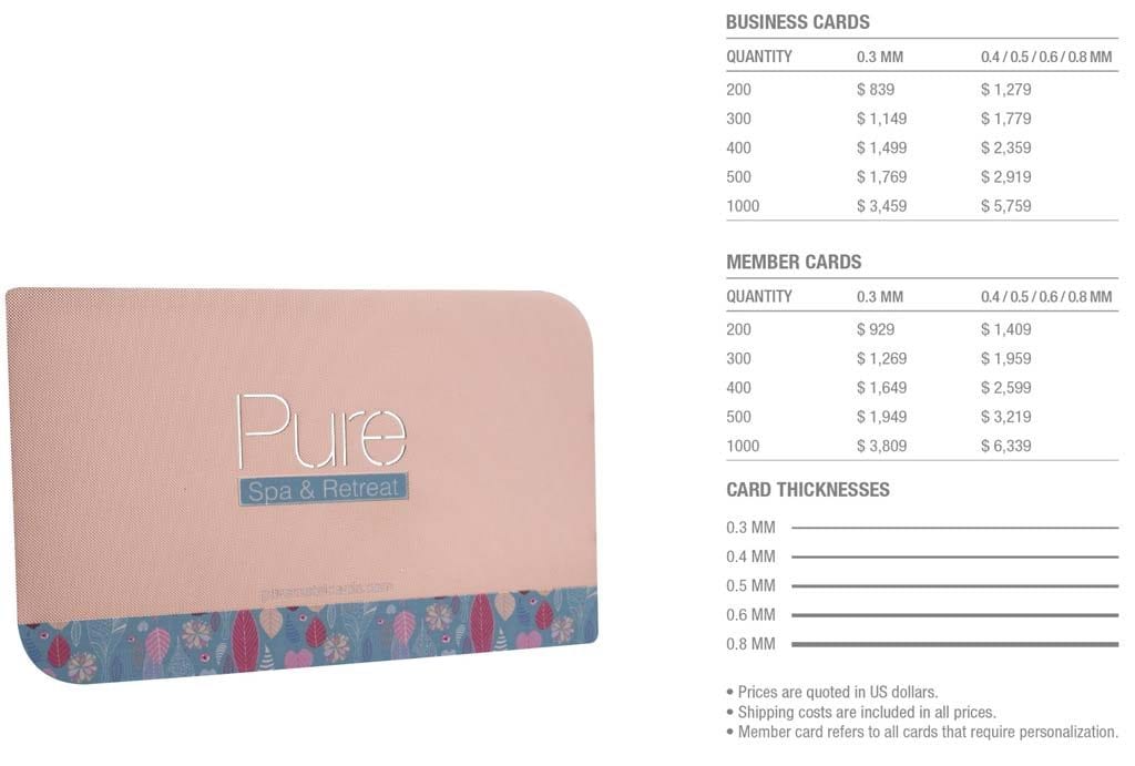 Copper Prism cards price list and sample card design. Various thicknesses and quantities shown.