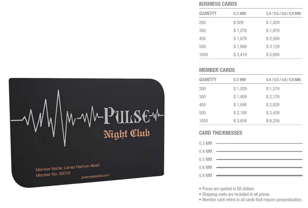 Matt black copper Pulse Night Club membership card with heartbeat design.