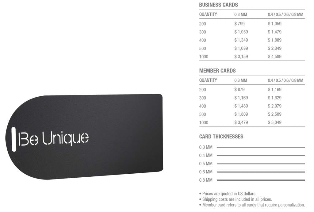 Matt black frosted stainless steel business card. "Be Unique" logo.