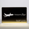 gold-plated-1 Gold-plated frequent flyer card with airplane cutout. Eric Fabery de Jonge, 12345678, Valid 12/15