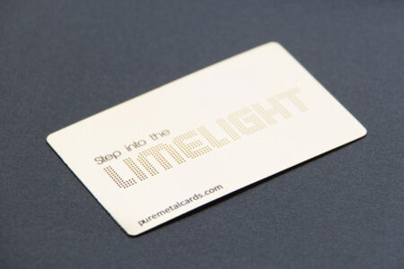 Gold mirror card with "Step into the Limelight" and puremetalcards.com