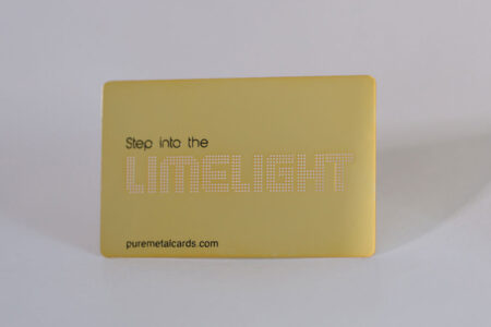 Gold mirror card with "Step into the Limelight" in perforated lettering. Puremetalcards.com