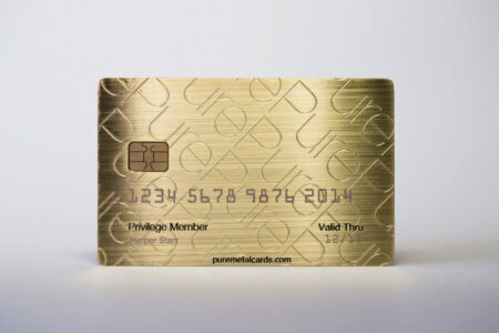 pure-metal-cards-brass-gold-brushed-card-3 Gold brushed metal credit card with embossed design. Privilege Member card.