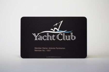 Matt black contour stainless steel business card for Yacht Club member Antonia Pemberton.