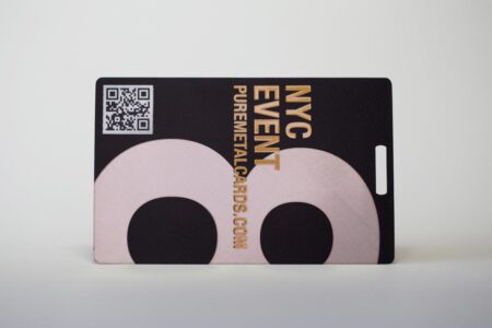 Matt black frosted stainless steel event card with NYC Event and QR code.