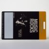 Matt black frosted stainless steel card featuring "Music Rocks" and event details.
