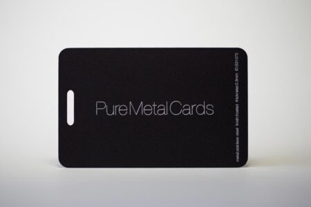 Matt black frosted stainless steel card with "Pure Metal Cards" logo.