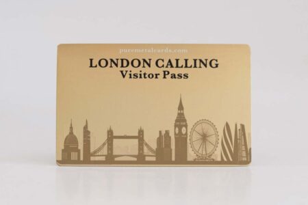 Gold London Calling visitor pass, standard brass card.