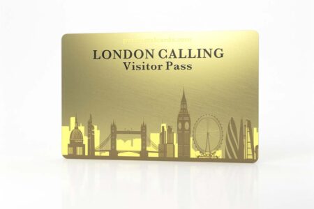 Gold London Calling Visitor Pass: Standard brass card with London skyline.