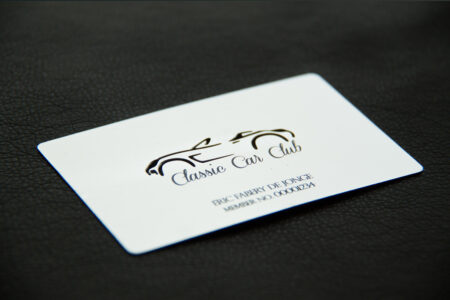 Silver plated metal business card for Classic Car Club member Eric Fabery de Jonge.