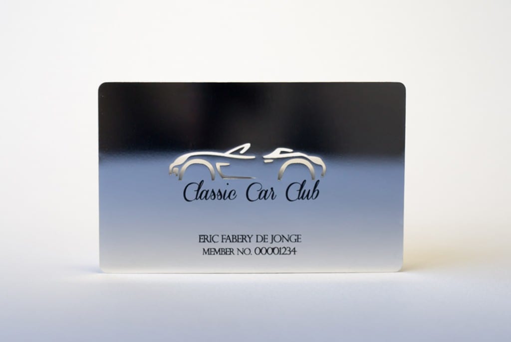 Silver plated metal business card for Classic Car Club member Eric Fabery de Jonge.