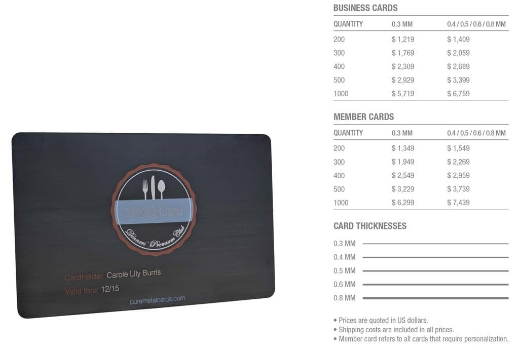 Matt black brushed stainless steel business card. "Dining Card" logo.