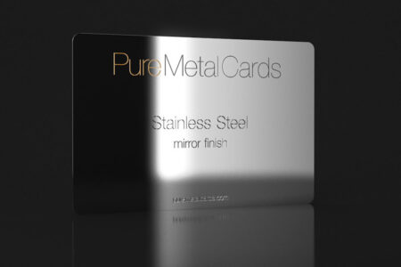 Mirror stainless steel business card with "PureMetalCards" logo.