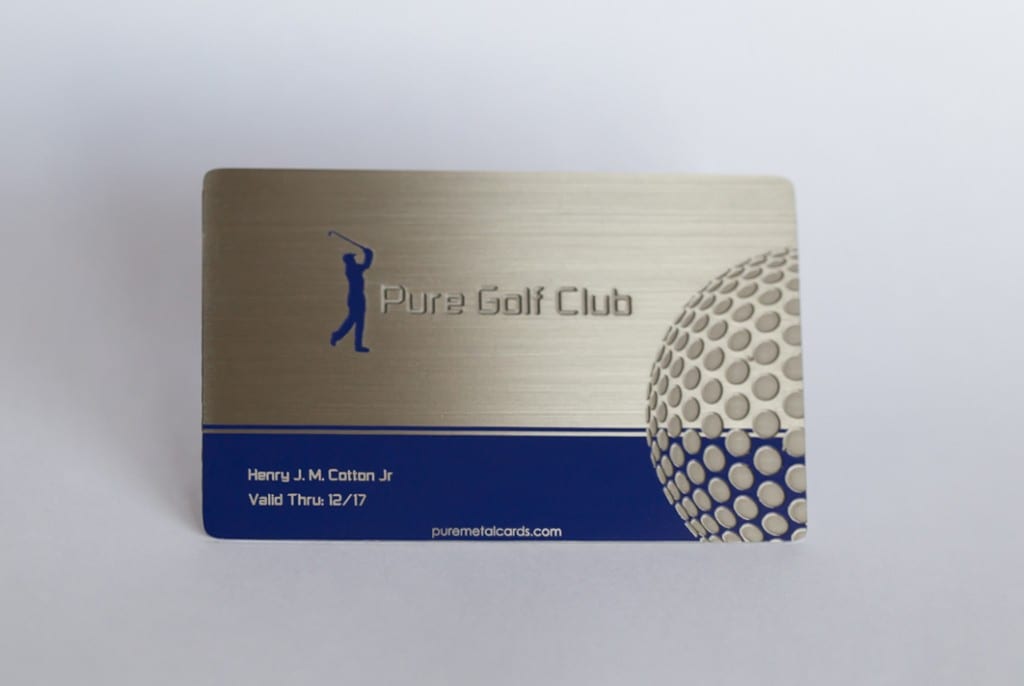 Brushed stainless steel membership card for Pure Golf Club, featuring a golfer and golf ball design. Valid until 12/17.
