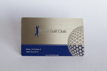 Brushed stainless steel membership card for Pure Golf Club, featuring a golfer and golf ball design. Valid until 12/17.