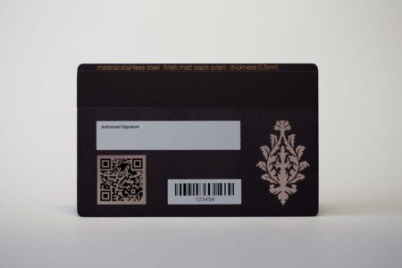 Matt black prism stainless steel card with QR code and barcode. 123456