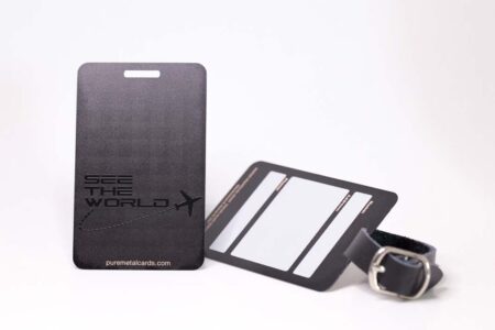 Matt black prism stainless steel luggage tags; "See the World" engraved.