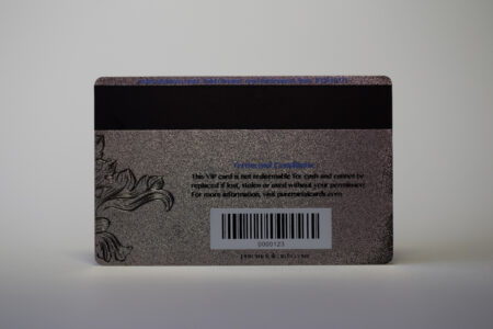 Back of frosted stainless steel VIP card showing barcode and details. 0000123