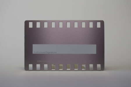 standard-stainless-steel-2 Brushed rose gold stainless steel card with "Authorized Signature" and perforation holes. Metal business card.