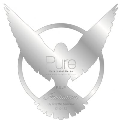 Silver dove invitation card design; RSVP; Fly in for the New Year; 01.01.12