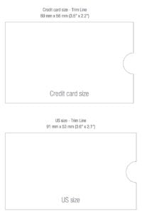 Diagram showing credit card and US card sizes with trim lines.