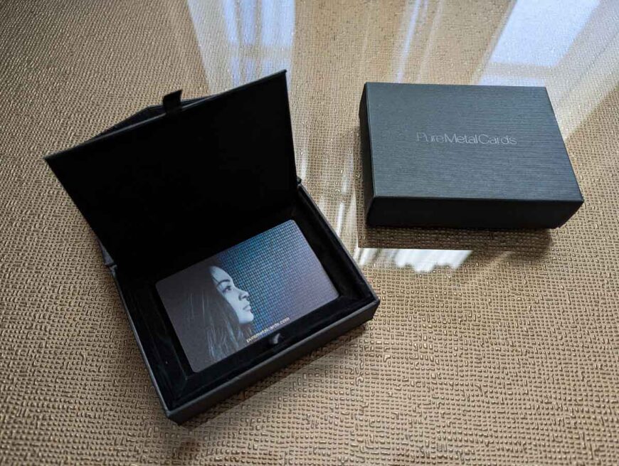 Luxury cardboard presentation case with a metal card inside. PureMetalCards.