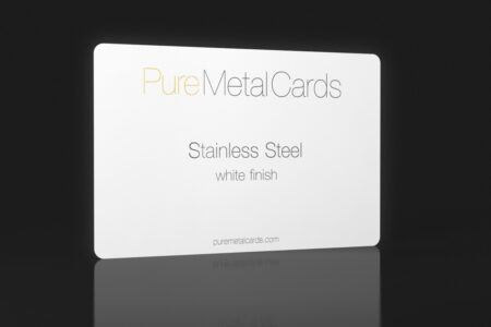 PureMetalCards stainless steel business card, white finish.