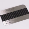 Brushed stainless steel business card with carbon fiber inlay. VIP Member: Madison Avery, VIP Number: 00123