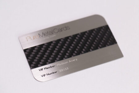 Brushed stainless steel business card with carbon fiber inlay. VIP Member: Madison Avery, VIP Number: 00123