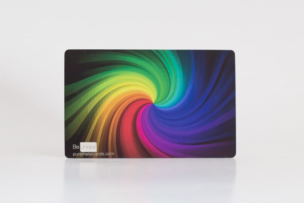 Rainbow swirl design on a full color metal business card. Be Unique. puremetalcards.com