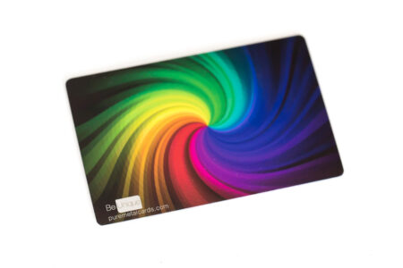 Rainbow swirl design on a full color metal business card. Be Unique. puremetalcards.com