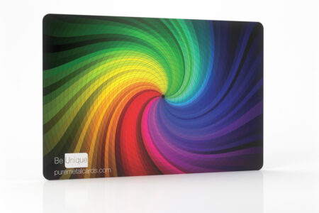 Rainbow swirl design on a stainless steel full color business card. Be Unique. puremetalcards.com