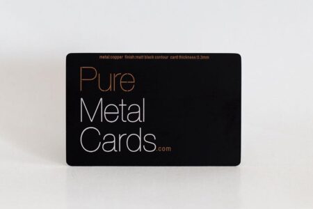 Matt black contour copper business card with "Pure Metal Cards.com" text.