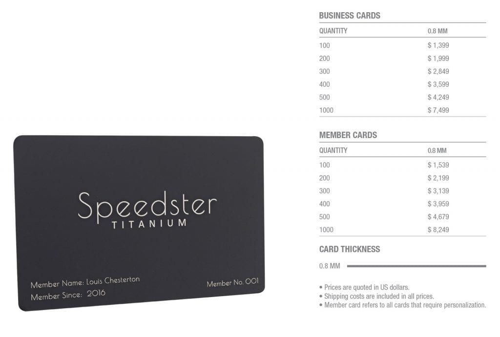 Matt Black Titanium Cards Pricing Table