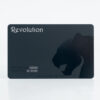 Matt black titanium business card with "Revolution" and panther design. Valid through 12/2020.