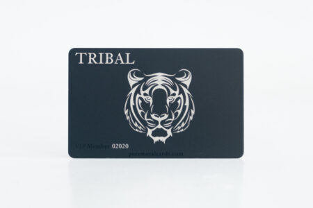 Matt black titanium card featuring a tribal tiger design. VIP Member 02020. puremetalcards.com