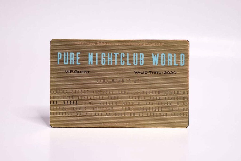 Gold brass contour business card for Pure Nightclub World VIP guest.