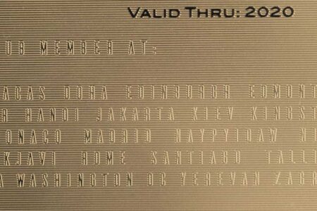 Close-up of brass contour business cards; Valid Thru: 2020