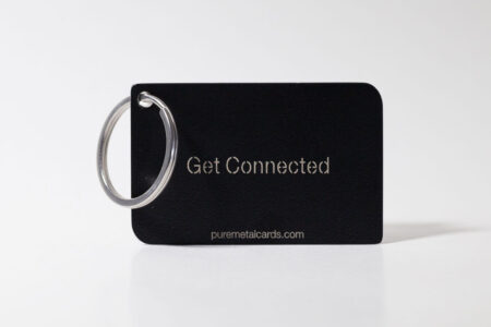 Black metal RFID/NFC key tag with "Get Connected" and website address.