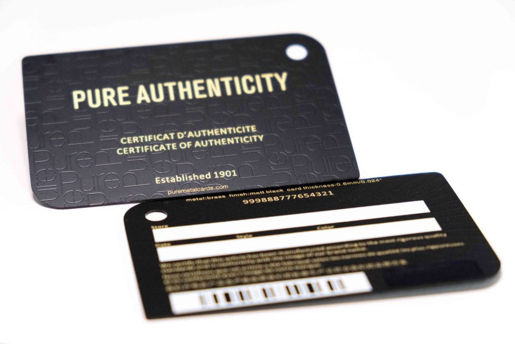 Pure Metal Cards Certificate of Authenticity Cards