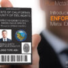 Pure-Metal-Cards-Metal-ID-Card-Front-03 Close-up of a hand holding a black metal Enforcer ID card; "State of California" and "Chief Investigator" are visible.
