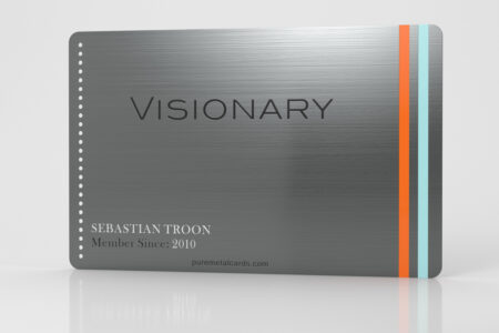 Brushed gun metal gray stainless steel business card; Visionary. Sebastian Troon, Member Since 2010.