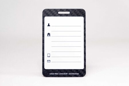 Blank carbon fiber luggage tag with contact icons.