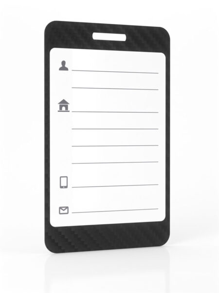 Pure-Metal-Cards_Carbon-Fiber-Luggage-Tag_Back_V02_1-1 Blank carbon fiber luggage tag with contact information icons.