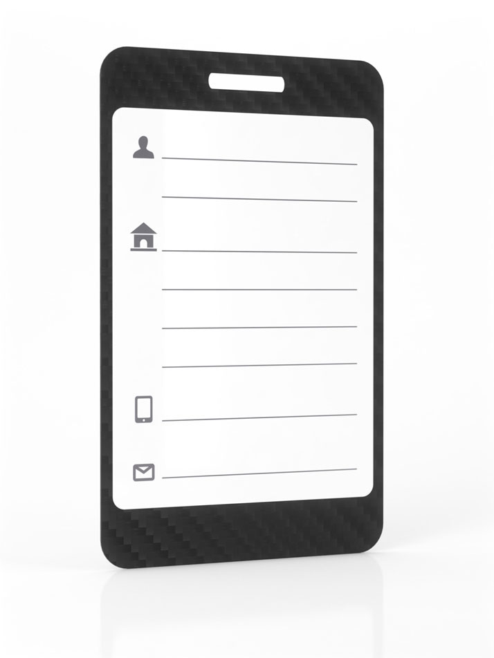Blank carbon fiber luggage tag with contact information icons.