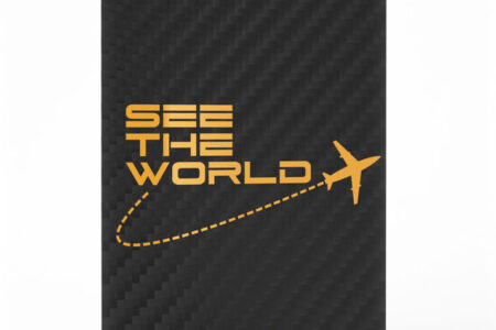 Black carbon fiber luggage tag with gold "See the World" text and airplane graphic.