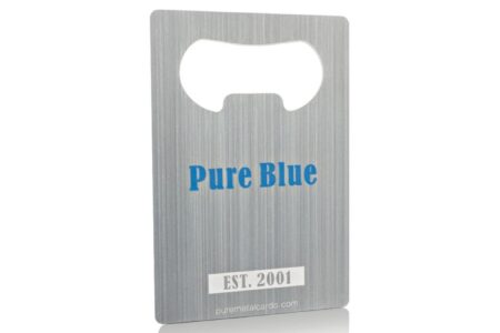 Brushed stainless steel bottle opener card; Pure Blue, Est. 2001