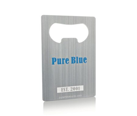 Brushed stainless steel bottle opener card; Pure Blue, Est. 2001