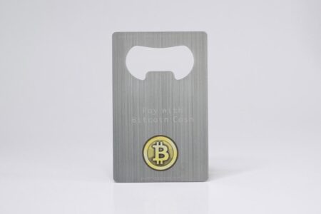 Brushed stainless steel bottle opener card with Bitcoin Cash logo. Metal bottle opener.